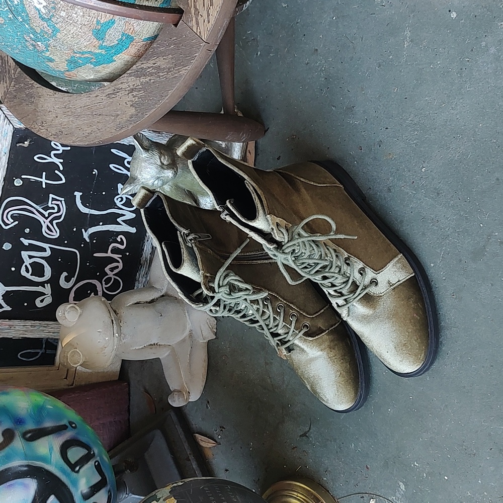 French Blu Crushed MossGreen  Velvet Lace Up Combat Boots